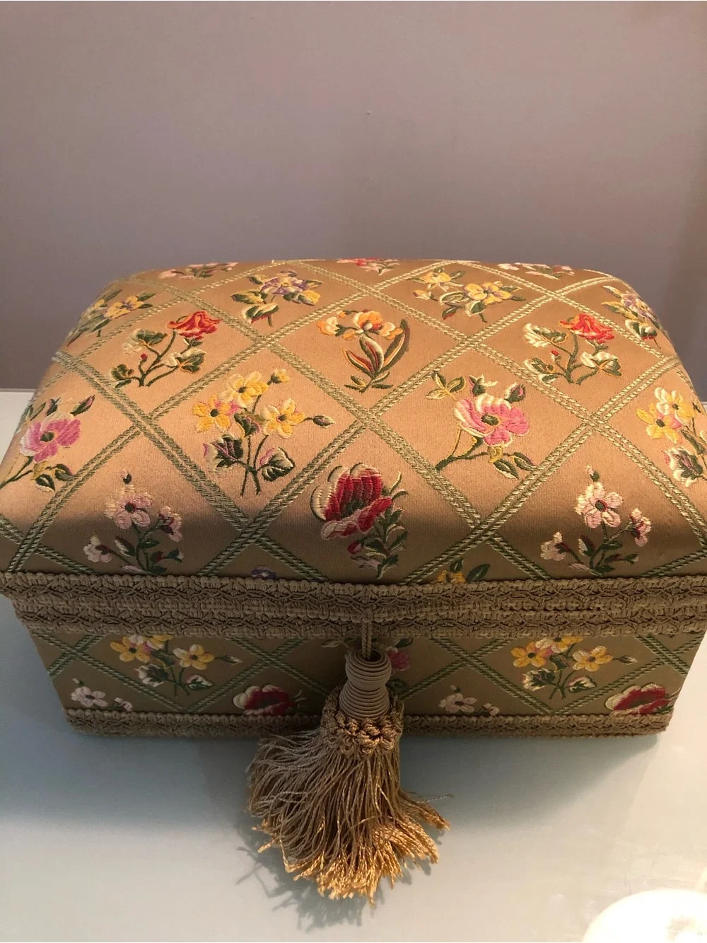 Floral Embroidered Trinket Box with Tassel